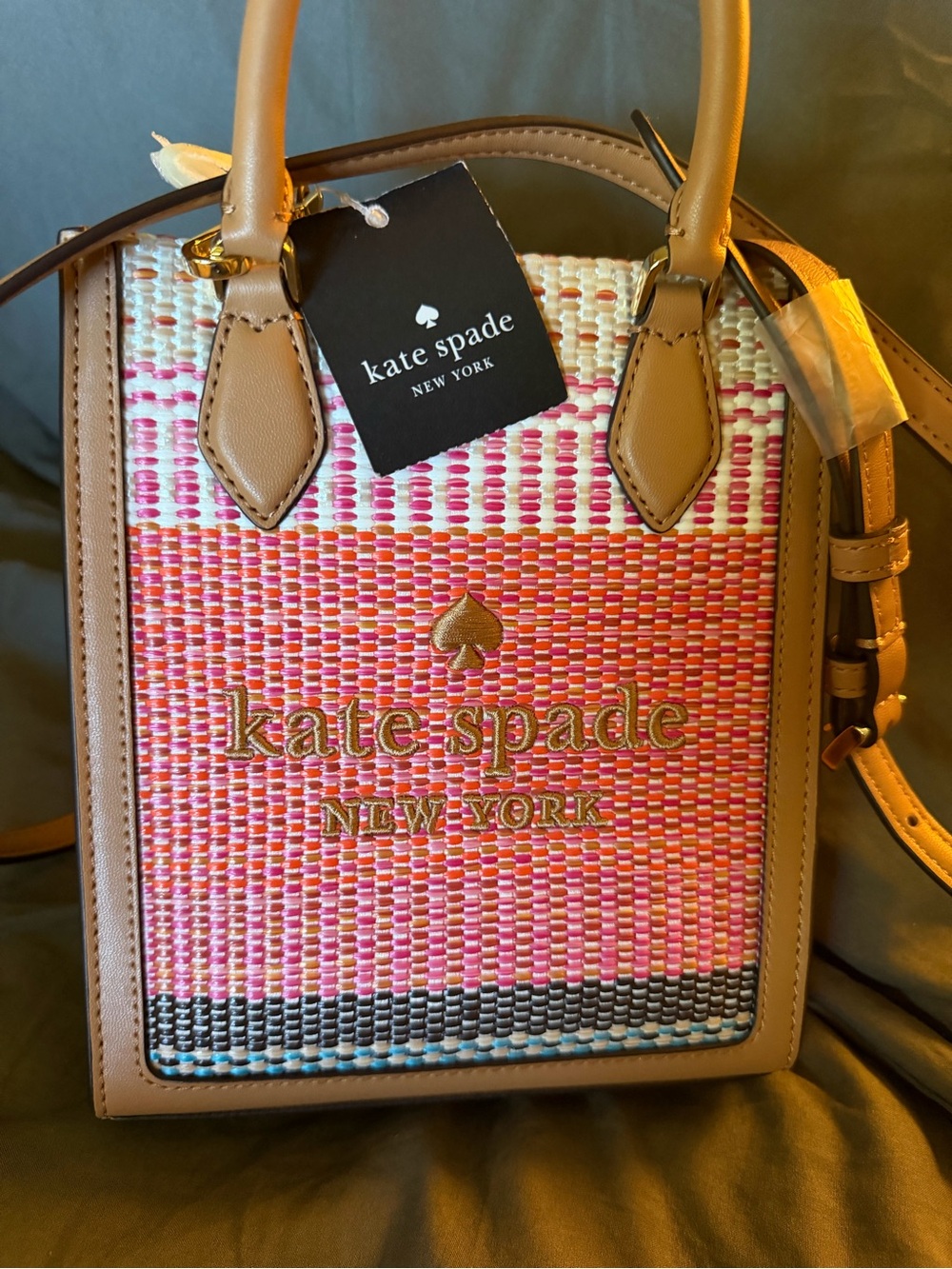 NWT Kate Spade Ellie Mini Woven Tote Crossbody Pink Orange Striped KL560 - Picture 2 of 5